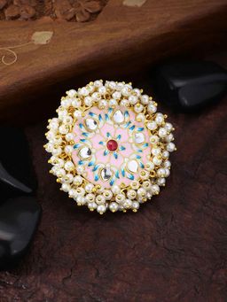 Peora - Jaipur Enamel Traditional Handcrafted Floral Design Rice Pearl Gold Plated Ring-PF66R10PK