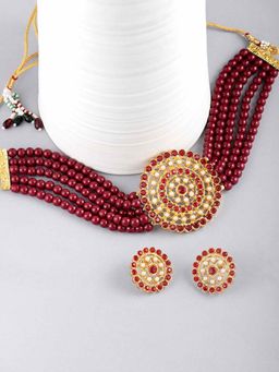 Peora - Maroon Pearl Necklace and Pair of Earrings (Set of 2)-PF26N1374M