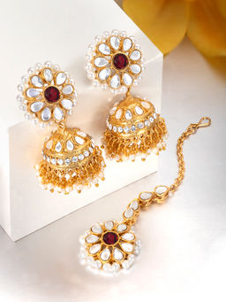 Peora - Gold Plated Kundan Pearl Jhumki Earrings Maang Tikka Traditional Jewellery-Set of 2