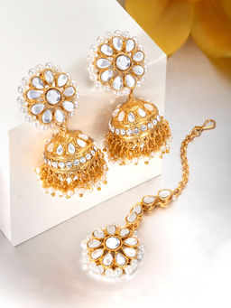 Peora - Gold Plated Kundan Pearl Jhumki Earrings Maang Tikka Traditional Jewellery-Set of 2