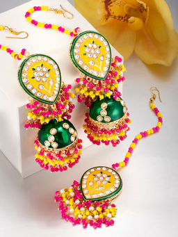 Peora - Traditional Long Pearl Enamel Hanging Jhumka Earrings Maang Tikka Jewellery-PF66ET67ML