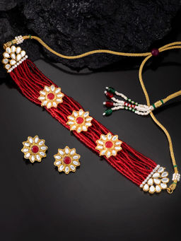 Peora - Gold Plated Kundan Pearl Floral Choker Necklace Earrings Traditional Jewellery-PF37N228R