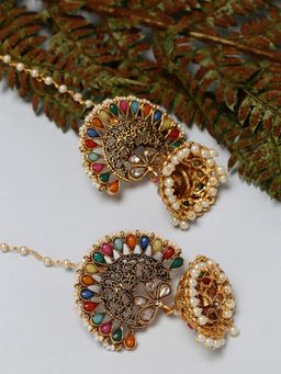 PANASH - Multicoloured Gold-Plated Stone-Studded Antique Jhumka Earrings