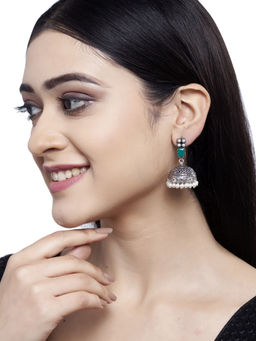 PANASH - Silver Plated & Green Oxidised Jhumka Earrings