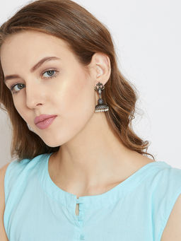 PANASH - Silver Plated Pearl Oxidized Jhumki Earrings