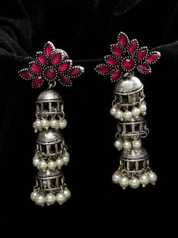 PANASH - Silver Plated & Pink Oxidised Layered Jhumka Earrings