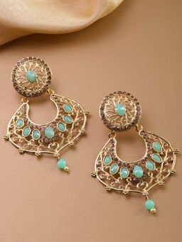 Priyaasi - Sea Green Stone Studded & Beaded Drop Earrings