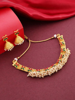 Priyaasi - Pink & Green Stone Studded & Beaded Necklace With Earrings