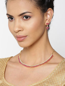 Priyaasi - Magenta AD Stone Studded Necklace With Earrings