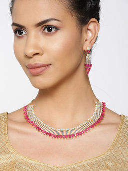 Priyaasi - White & Magenta AD Studded Necklace With Earrings