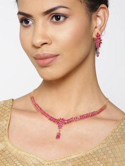 Priyaasi - Magenta AD Studded Floral Pattern Necklace With Earrings
