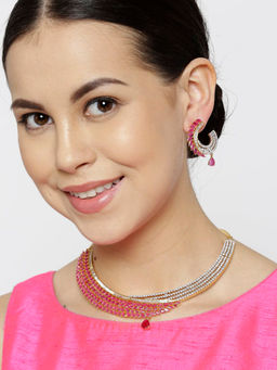 Priyaasi - Magenta & White Gold Plated AD Studded Necklace With Earrings