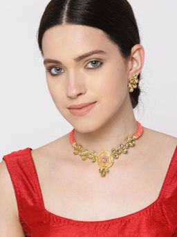 Priyaasi - Coral Pink Gold Plated Kundan Stone Studded Necklace With Earrings
