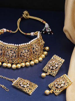 Priyaasi - Antique Gold Plated Kundan Studded Necklace With Earrings