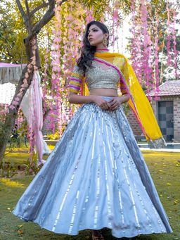 RISHI & VIBHUTI - Sliver Stitched Blouse Lehenga With Dupatta - Customisable (Set of 3)