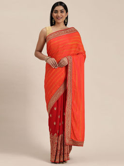 Soch - Orange Silk Blend Striped Saree with Unstitched Blouse