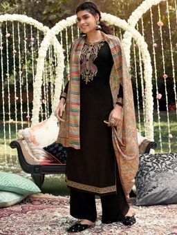 Stylee LIFESTYLE - Brown Embroidered Unstitched Dress Material (Set of 3)
