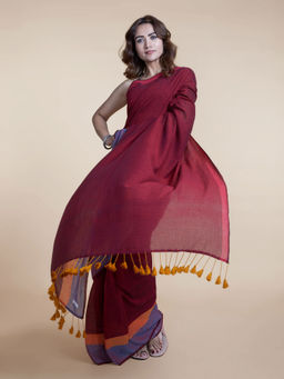 Suta - Maroon Pure Cotton Handloom Saree With Multicolor Border and Without Blouse