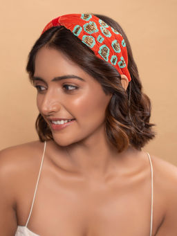 ToniQ - Red Beaded Embroidery Fabric Bridal Turban Knot Headband for Women