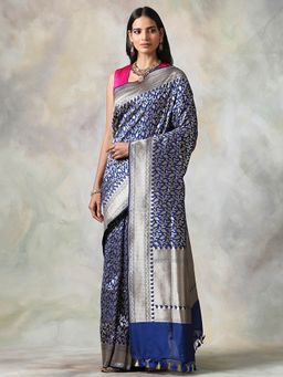 WeaverStory - Blue Floral Saree With Unstitched Blouse