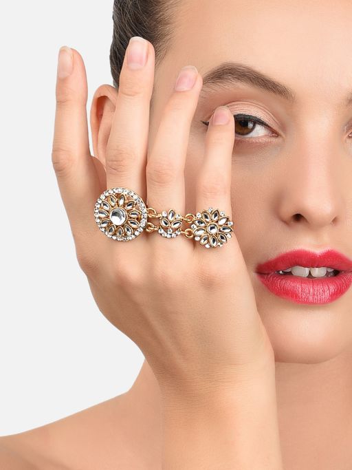 Zaveri Pearls Gold Tone Traditional Kundan Dual Finger Ring