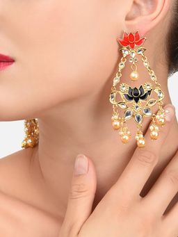 Zaveri Pearls - Enamelling Lotus Design Traditional Dangle Earring