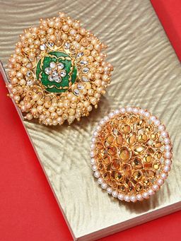 Zaveri Pearls - Combo Of 2 Traditional Clustered Pearl Enamelled Statement Adjustable Finger Ring