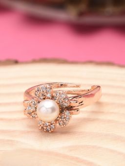 Zaveri Pearls - Rose Gold Cubic Zirconia & Pearl Contemporary Adjustable Brass Finger Ring
