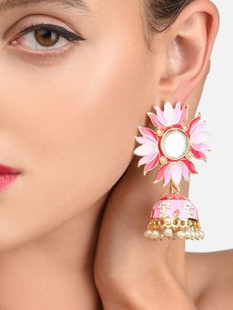 Zaveri Pearls - Pink Lotus Meenakari Traditional Jhumki Earring