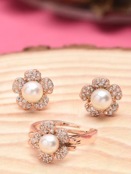 Zaveri Pearls - RoseGold Cubic Zirconia Brass Stud Earrings & Finger Ring-ZPFK10211