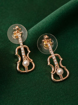 Zaveri Pearls - Rose Gold Cubic Zirconia & Pearl Contemporary Guitar Brass Stud Earring-ZPFK10088