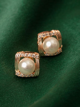 Zaveri Pearls - Rose Gold Cubic Zirconia & Pearl Contemporary Brass Stud Earring-ZPFK10092