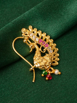 Zaveri Pearls - Gold Tone Cubic Zirconia Peacock Inspired Traditional Brass Nose Ring-ZPFK10103