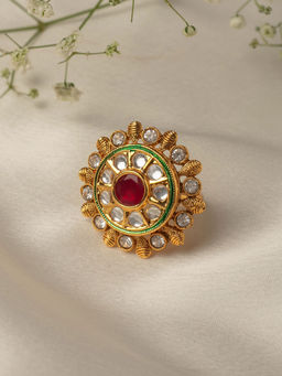 Zaveri Pearls - Pink Stone & Kundan Wedding Collection Adjustable Finger Ring-ZPFK10116