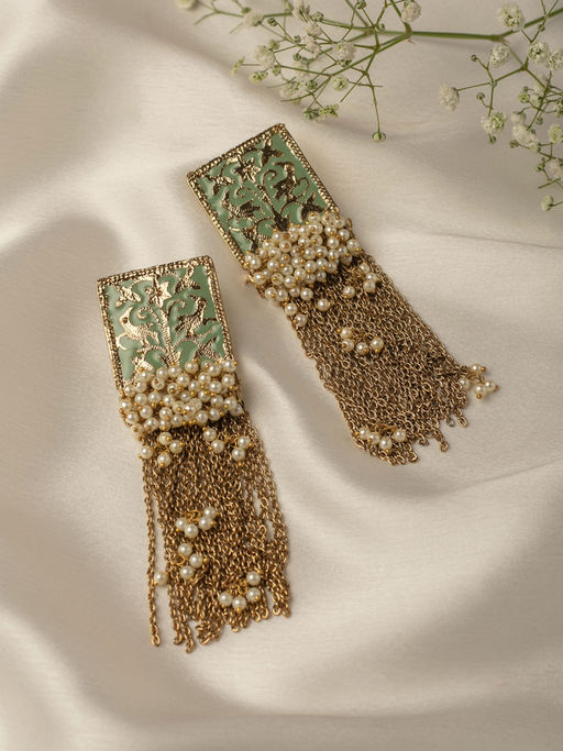 Zaveri Pearls Pastel Green Meenakari Chain Fringe Clustered Pearls Dangle Earring-ZPFK10137