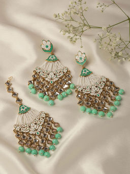 Zaveri Pearls - Pastel Green Multistrand Pearls Ethnic Earring & Maangtikka (Set of 2)-ZPFK10193