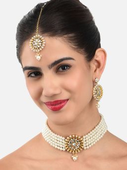 Zaveri Pearls - Gold Tone Multistrand Kundan Necklace Earring & Maangtikka Set-ZPFK10260