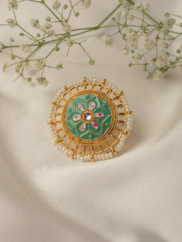 Zaveri Pearls - Turquoise & Gold Meenakari Ethnic Adjustable Finger Ring-ZPFK10358