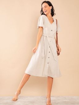 Zink London - Beige V-Neck Solid Shirt Dress