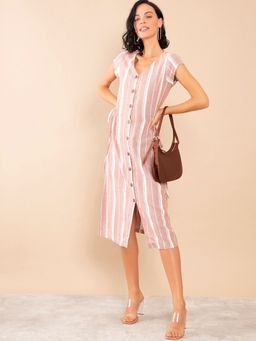 Zink London - Brown V-Neck Striped Shirt Dress