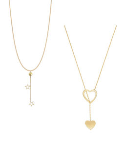 OOMPH - Gold Tone Heart & Star Delicate Chain Necklace (Set of 2)