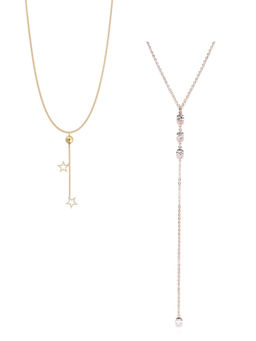 OOMPH - Gold Tone Delicate Stone & Star Charm Lariat Chain Necklace (Set of 2)