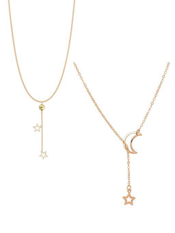 OOMPH - Gold Tone Delicate Star & Moon Chain Necklace (Set of 2)