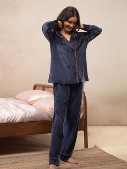 Nykd by Nykaa - Velour Double Breasted Pajama Set - Navy Blue NYS047