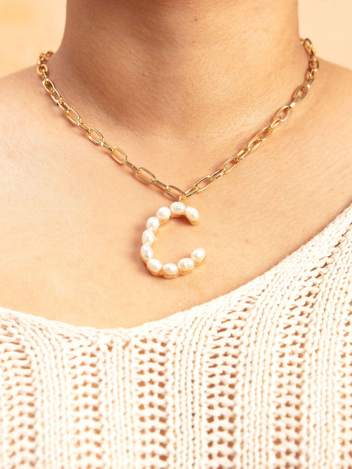 Pipa Bella by Nykaa Fashion Gold Pearl Studded C Initial Chain Necklace