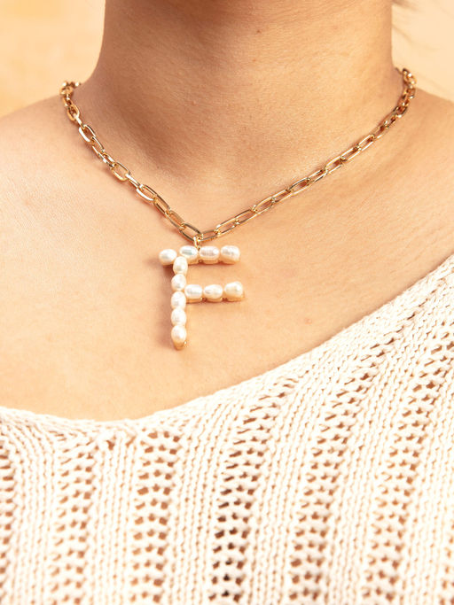 Pipa Bella by Nykaa Fashion Gold Pearl Studded F Initial Chain Necklace