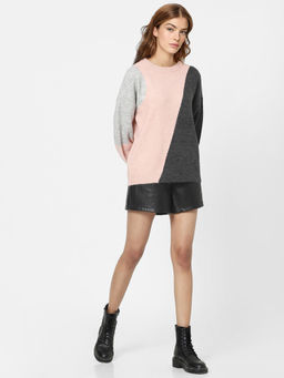 ONLY - Pink Color Blocked Pullover With Round Neck And Long Sleeves