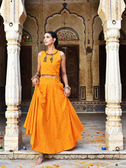 Okhai - Katyayani Pure Cotton Ikkat Wrap Top And Skirt (set Of 2)