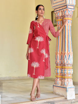 Okhai - Blooming Pine' Pure Cotton Hand Block Printed Wrap Dress ()