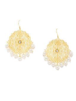 Fida - Gold & Pearl Contemporary Filigree Drop Earrings